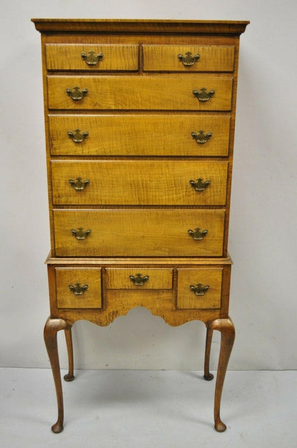 Antique New England Queen Anne Curly Tiger Maple Small Chest Dresser Highboy