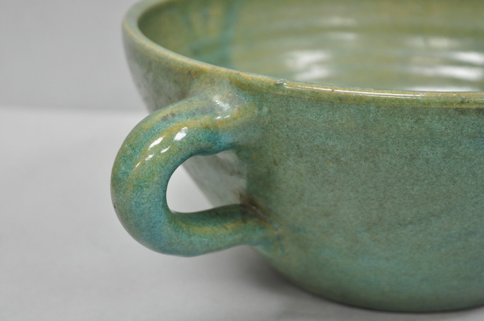 Vintage Primitive Green Glazed Ceramic Pottery Large Mixing Bowl w Handle
