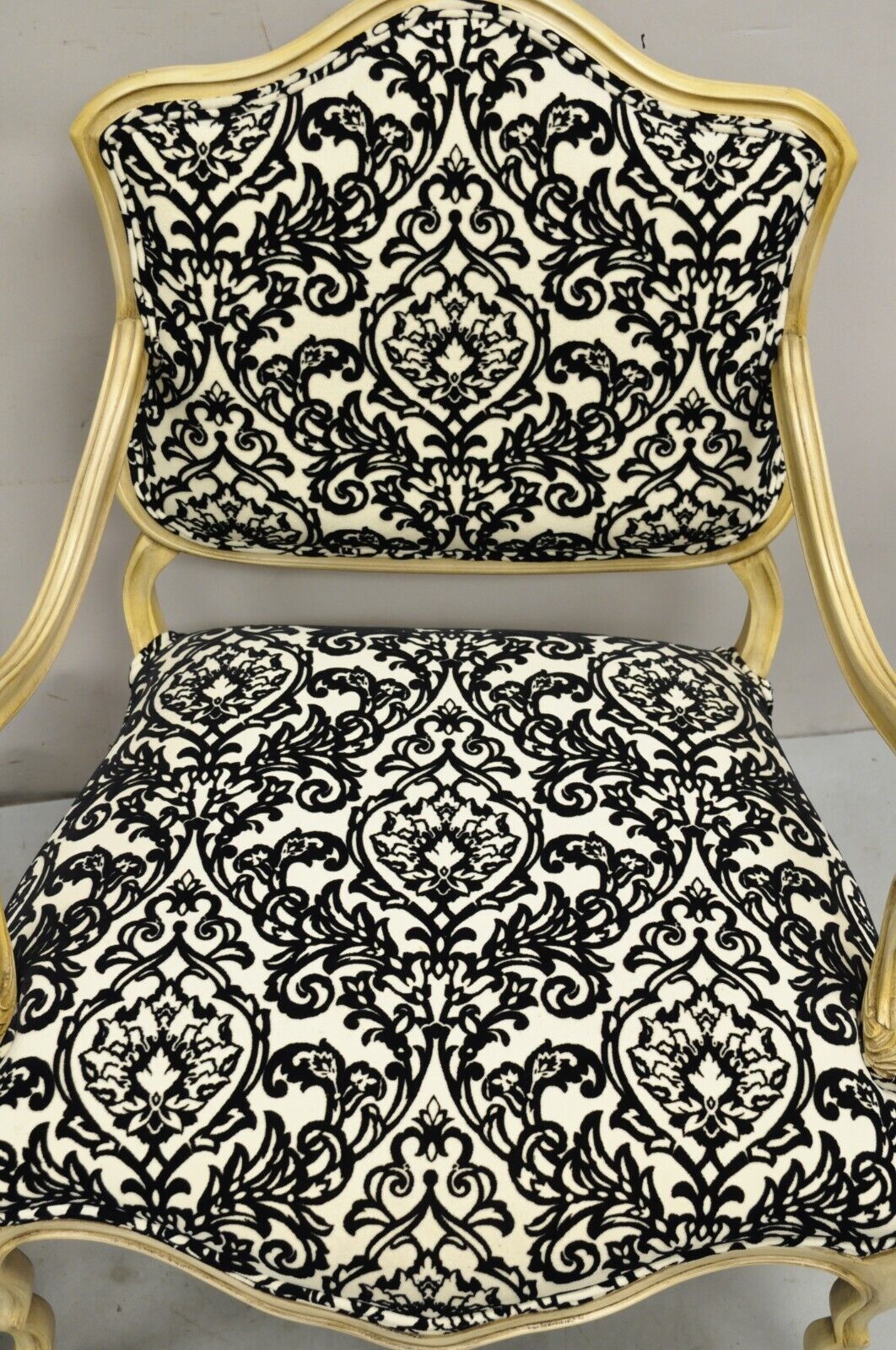 Hollywood Regency Carved Wood Low Cream Painted Damask Boudoir Chairs - a Pair
