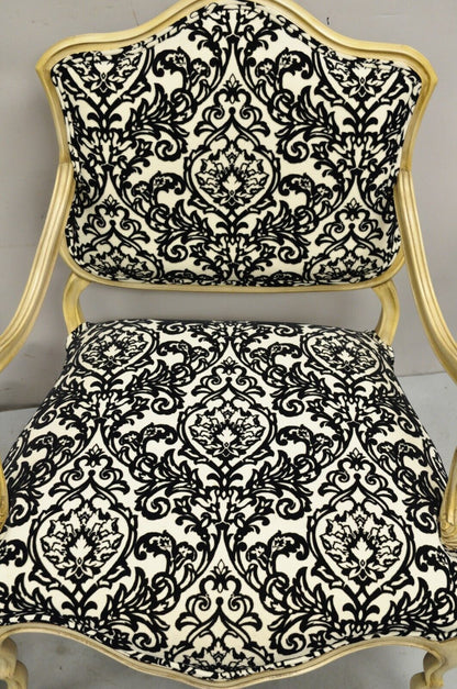 Hollywood Regency Carved Wood Low Cream Painted Damask Boudoir Chairs - a Pair