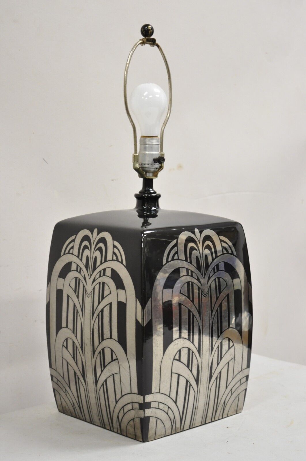 Vintage Art Deco Mid Century Modern Black Ceramic Cube Sculptural Table Lamp