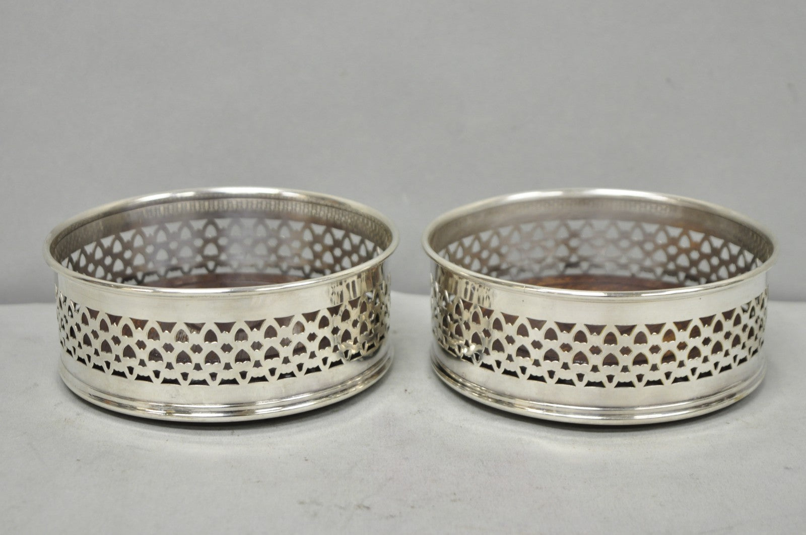 Vintage English Victorian Wood & Silver Plated Bar Wine Bottle Coaster - a Pair