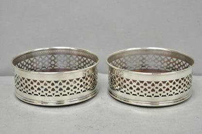 Vintage English Victorian Wood & Silver Plated Bar Wine Bottle Coaster - a Pair