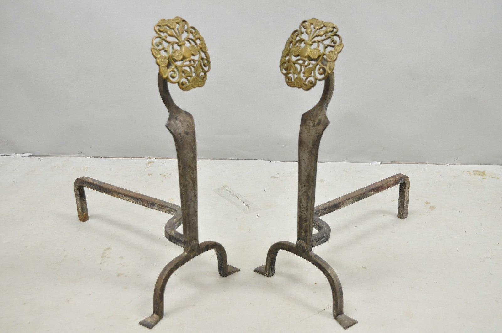 Antique French Art Nouveau Hand Hammered Wrought Iron & Bronze Andirons - a Pair