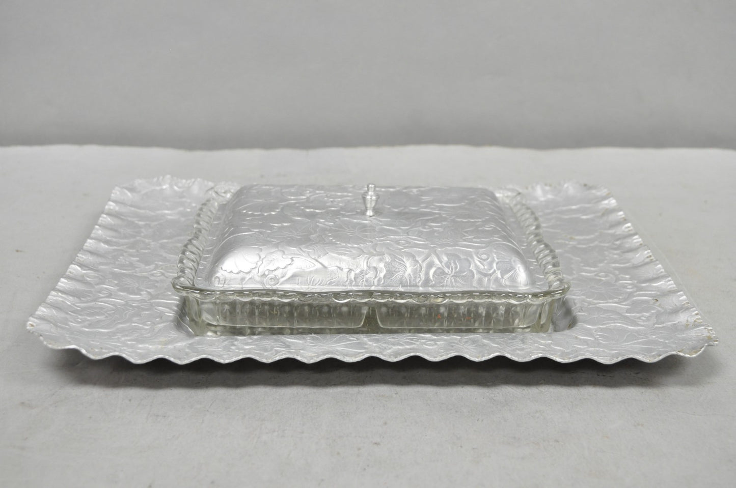 Vintage Art Deco Nouveau Hammered Aluminum Vegetable Relish Serving Platter Tray