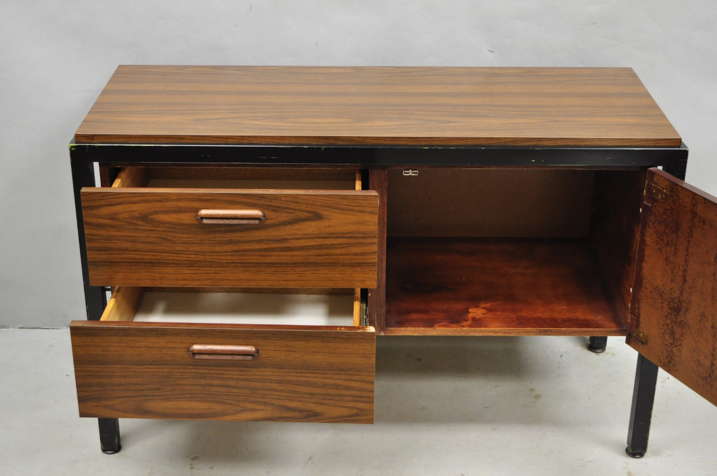 Vintage Mid Century Modern Faux Rosewood Laminate Steel Metal Credenza Cabinet