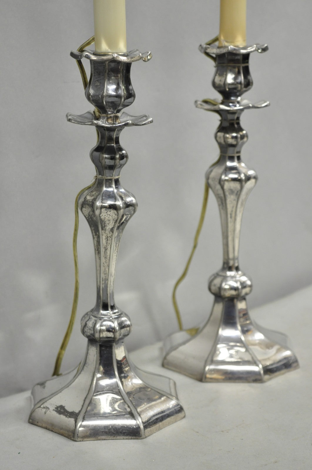 Reed & Barton Art Nouveau Silver Plated Small Candlestick Table Lamps - a Pair