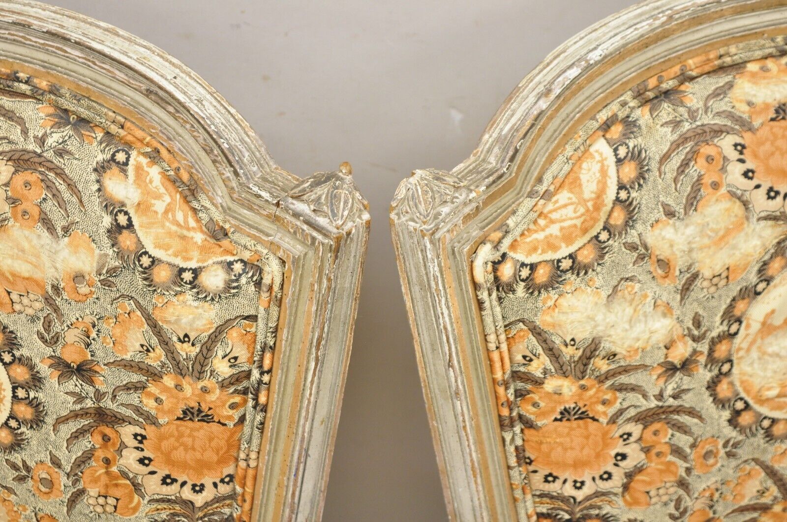 Antique French Louis XVI Style Distressed Cream Painted Fauteuil Arm Chairs Pair