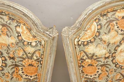 Antique French Louis XVI Style Distressed Cream Painted Fauteuil Arm Chairs Pair