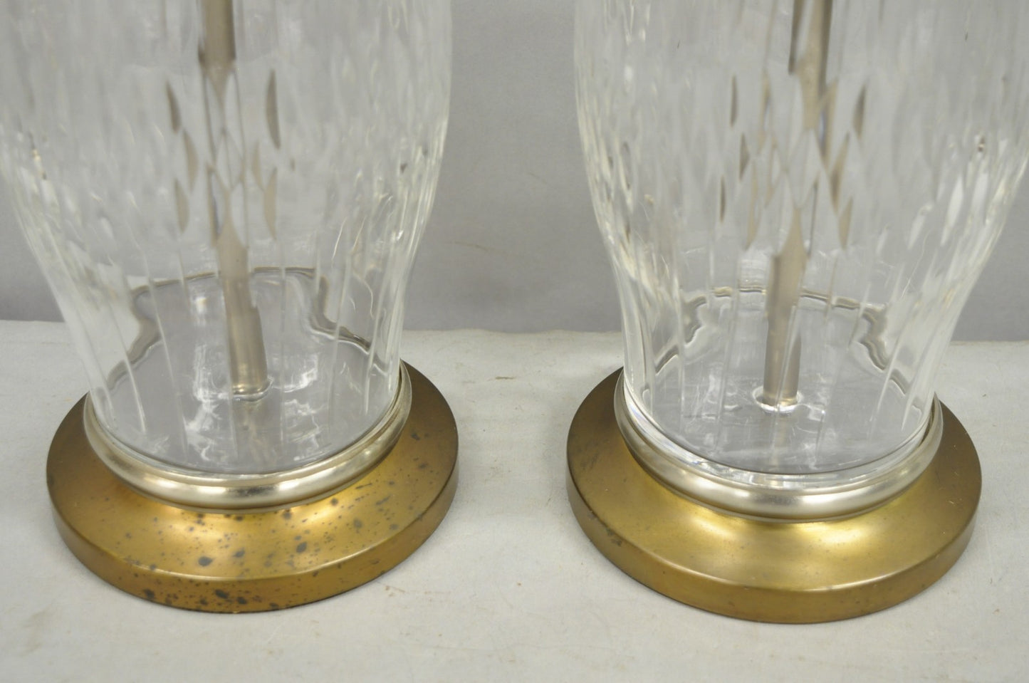 Vintage Bombay Co. Cut Crystal Glass Jardiniere & Brass Table Lamps - a Pair