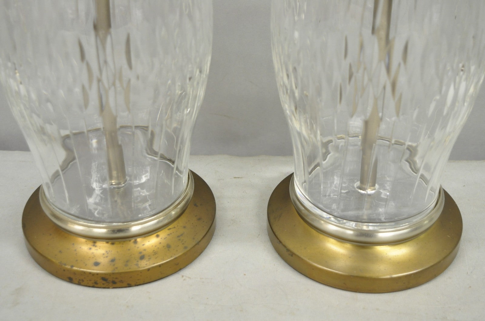 Vintage Bombay Co. Cut Crystal Glass Jardiniere & Brass Table Lamps - a Pair