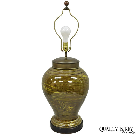 Vintage Mid Century Modern Green Swirl Glazed Ceramic Jardiniere Table Lamp