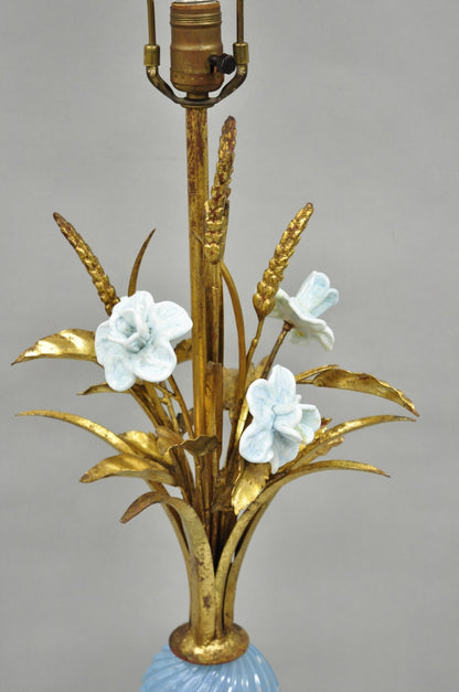 Italian Hollywood Regency Blue Murano Glass Gold Leaf Wheat Sheaf Table Lamp