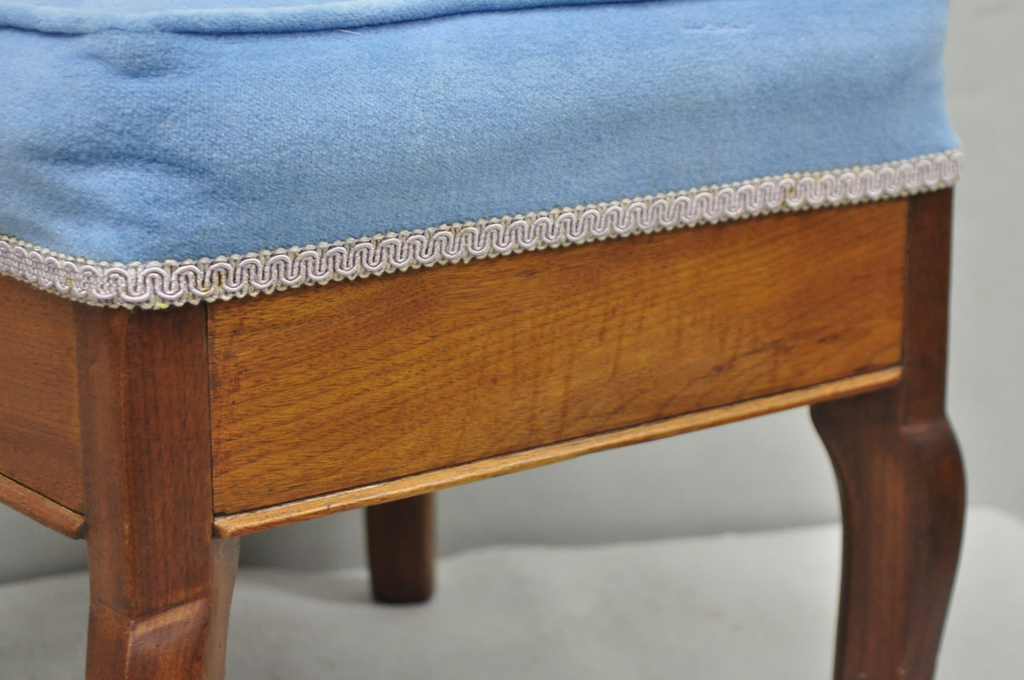 Antique Victorian Walnut Cabriole Leg Blue Tufted Footstool Ottoman Stool