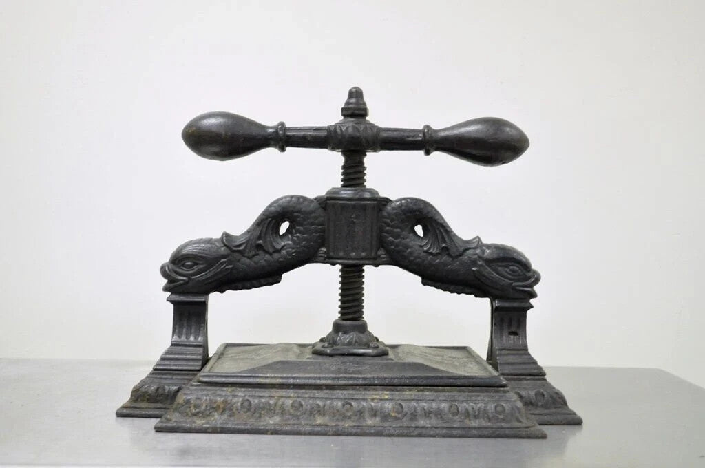 Antique 19th C. Cast Iron Classical Figural Dolphin Victorian Book Press