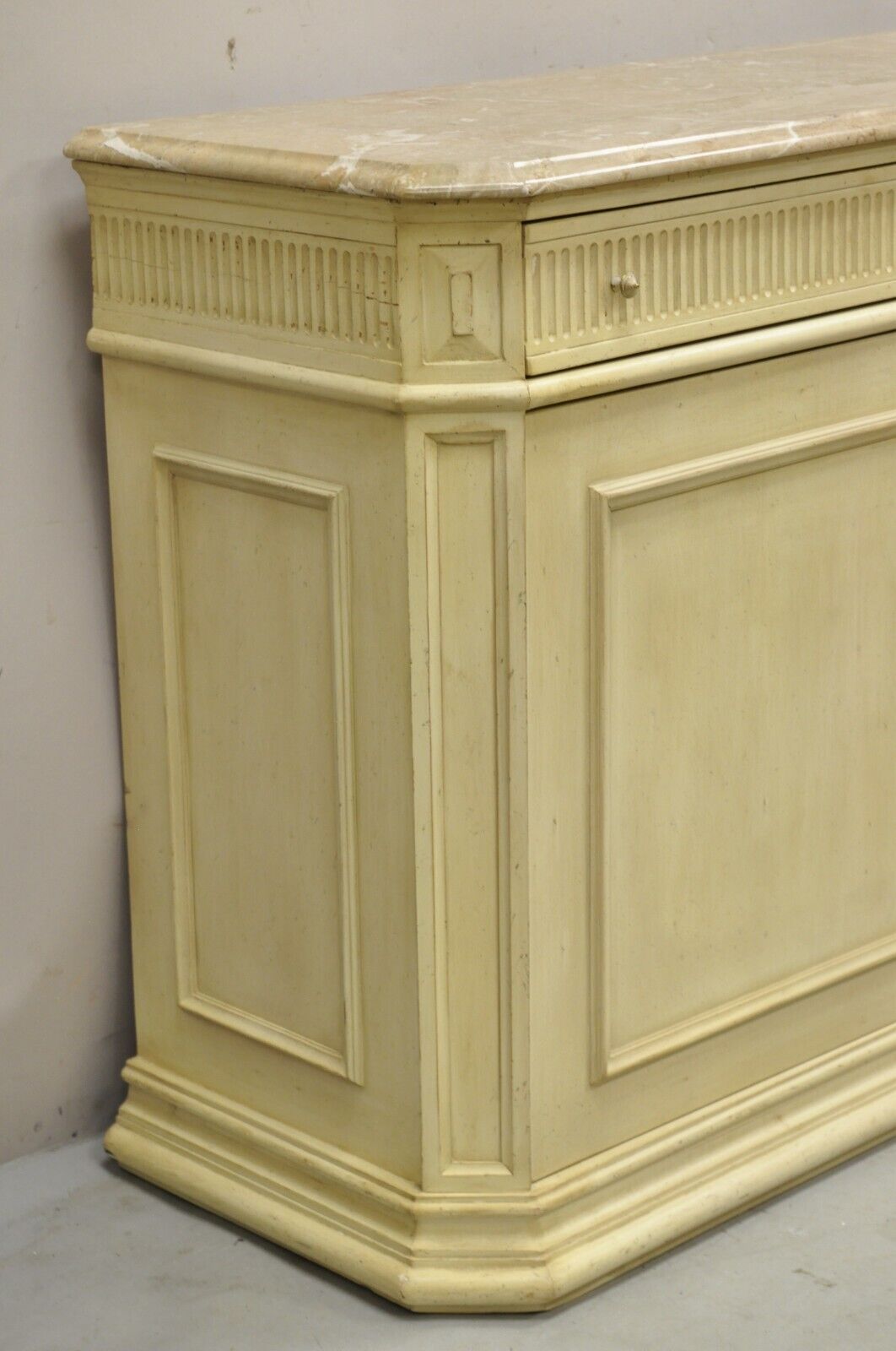 French Provincial Style Marble Top Cream Painted Sideboard Buffet Media Cabinet