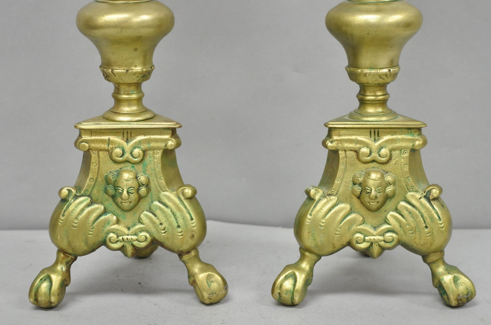 Vintage French Renaissance Brass Figural Candlestick Pricket Candleholder a Pair