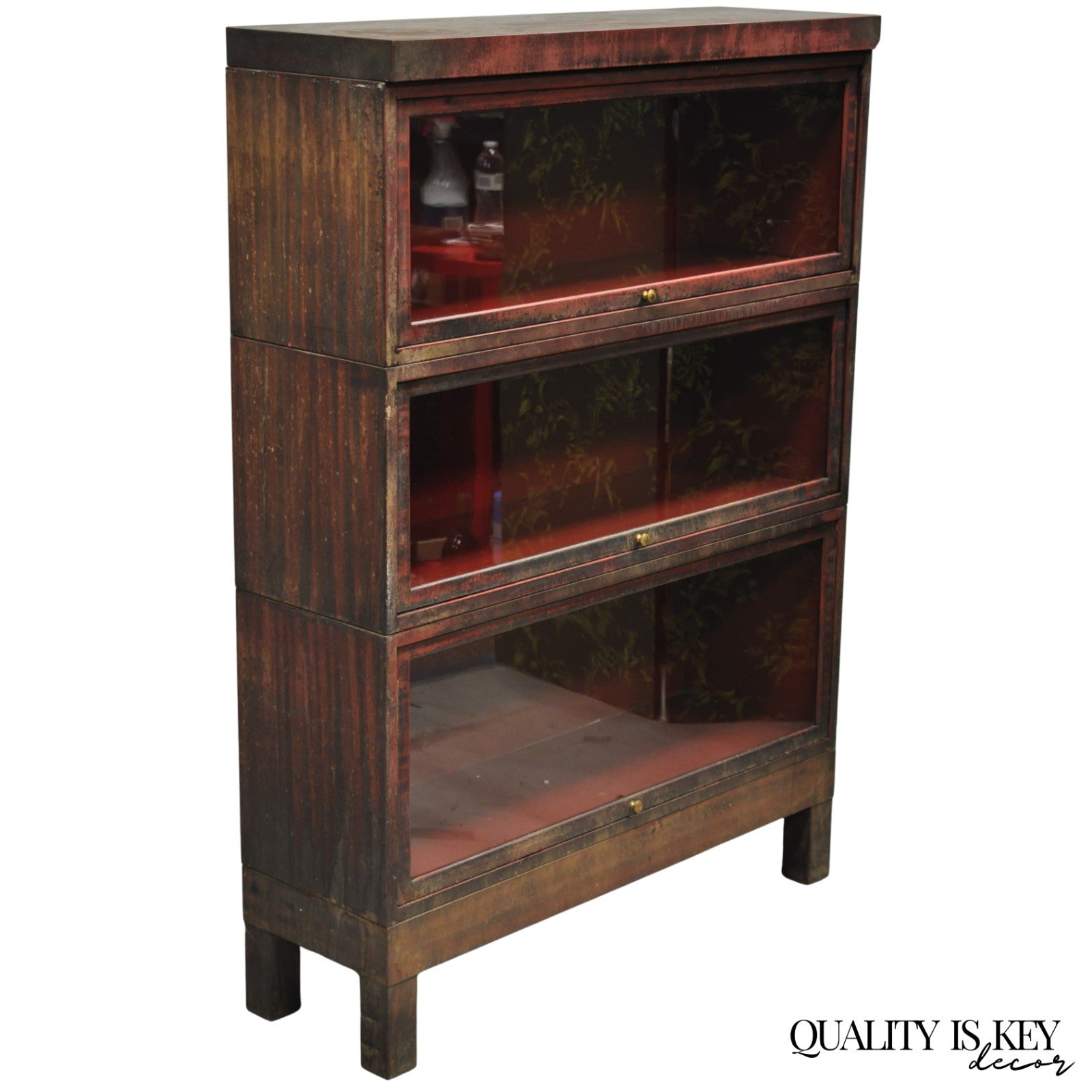Vintage Industrial Steel Metal Faux Woodgrain Painted Stack Barrister Bookcase