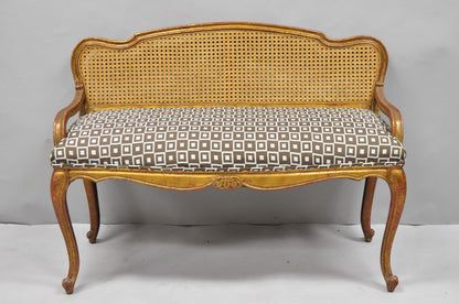 Vintage French Louis XV Style Distressed Gold Gilt Cane Back Vanity Bench Seat