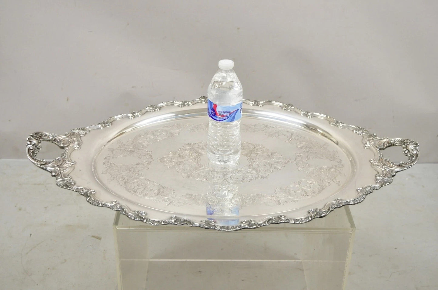 Antique English Victorian Silver Plated Large Oval Serving Platter Bar Tray