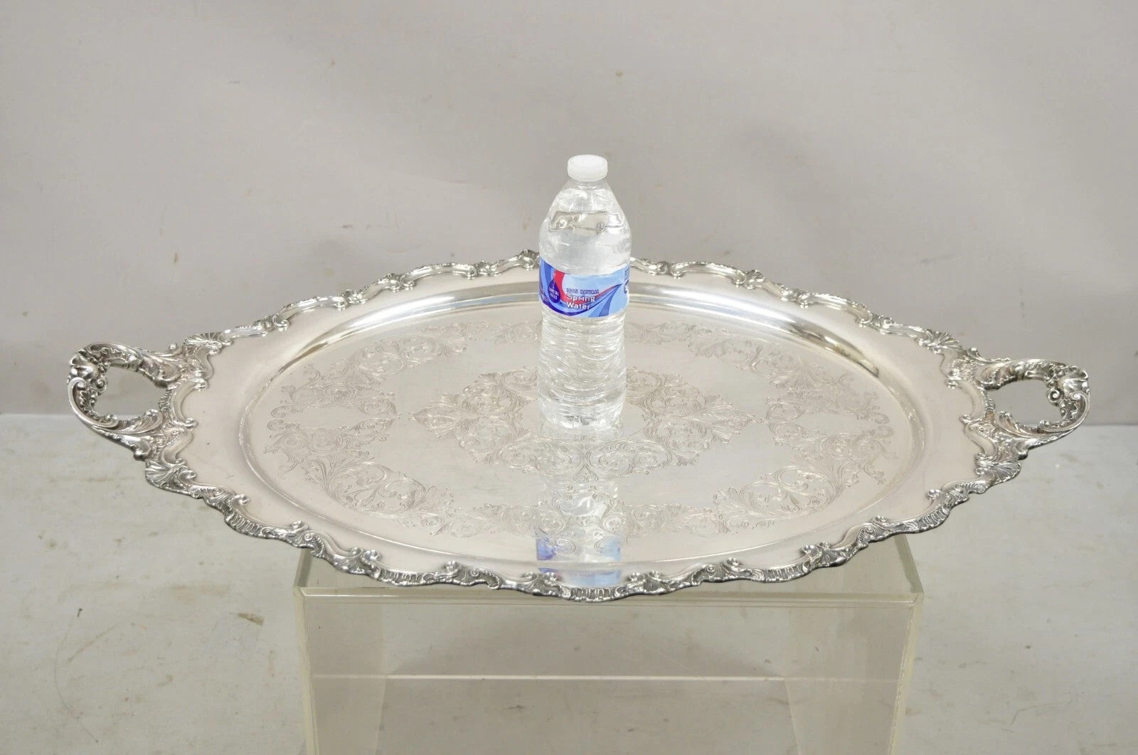 Antique English Victorian Silver Plated Large Oval Serving Platter Bar Tray