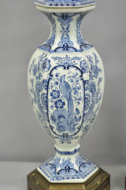 Vintage Chinoiserie Blue & White Porcelain Urn Bird Painted Table Lamps - a Pair
