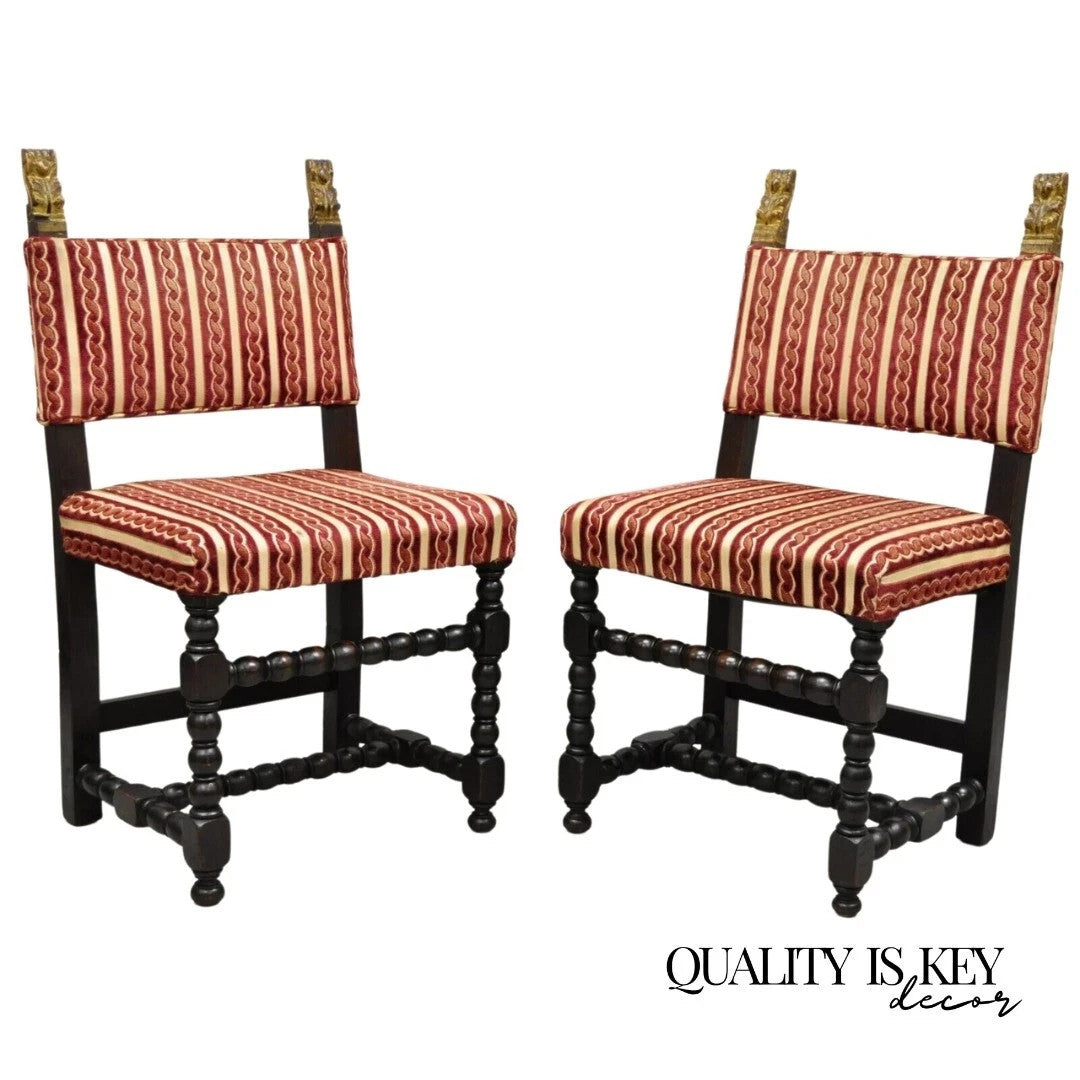 Antique Small Jacobean Style Turn Carved Walnut Accent Side Chairs - a Pair
