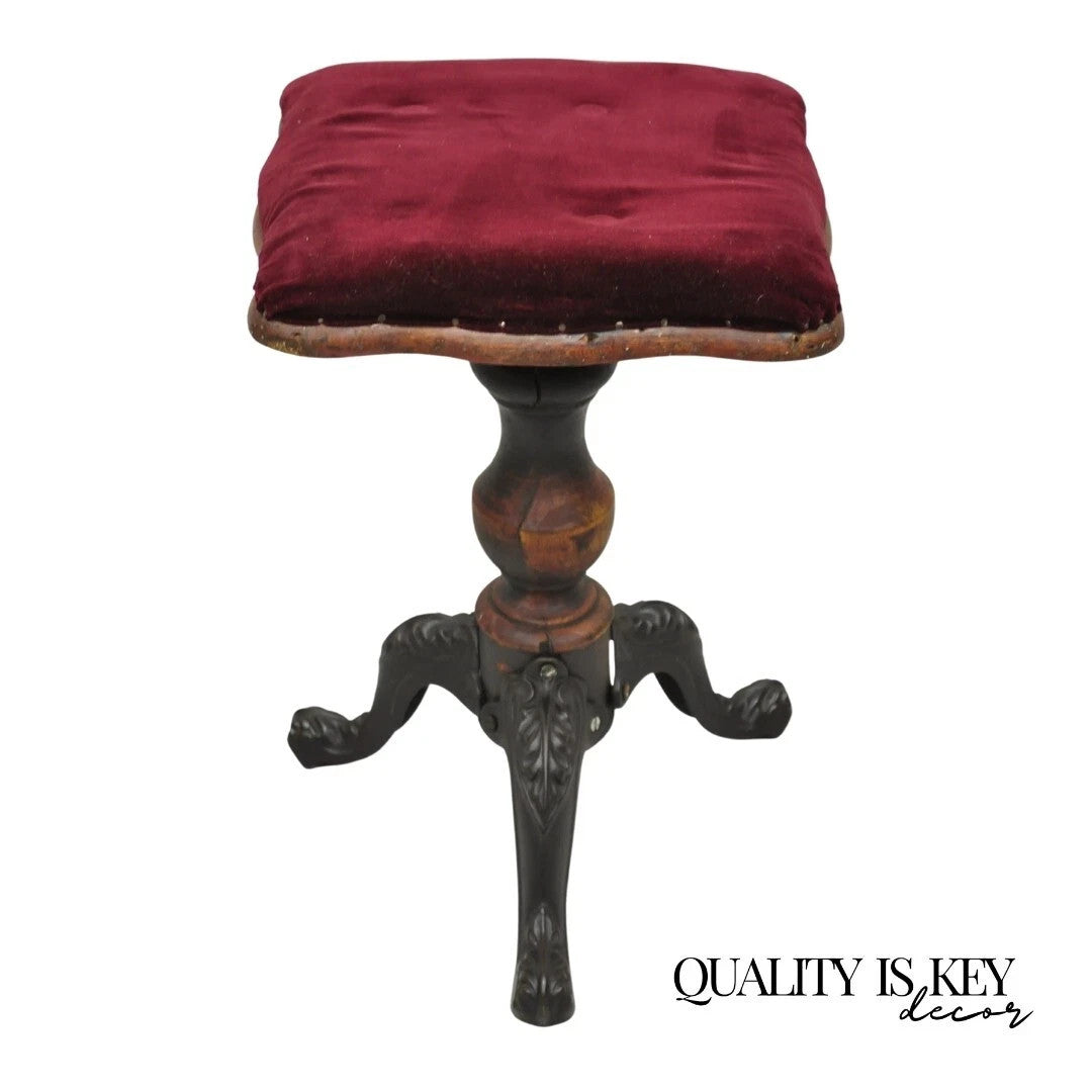 Antique American Victorian Cast Iron Wood Pedestal Adjustable Piano Bench Stool