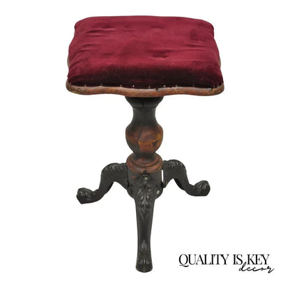 Antique American Victorian Cast Iron Wood Pedestal Adjustable Piano Bench Stool