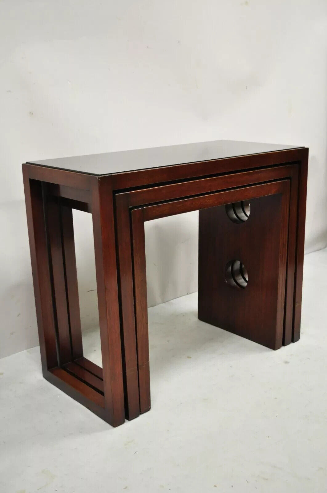 James Mont Mid Century Modern Mahogany & Glass Top Art Deco Nesting Side Tables