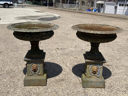 Vintage French Empire Large Cast Iron 42" Round Lion Urn Garden Planter on Base