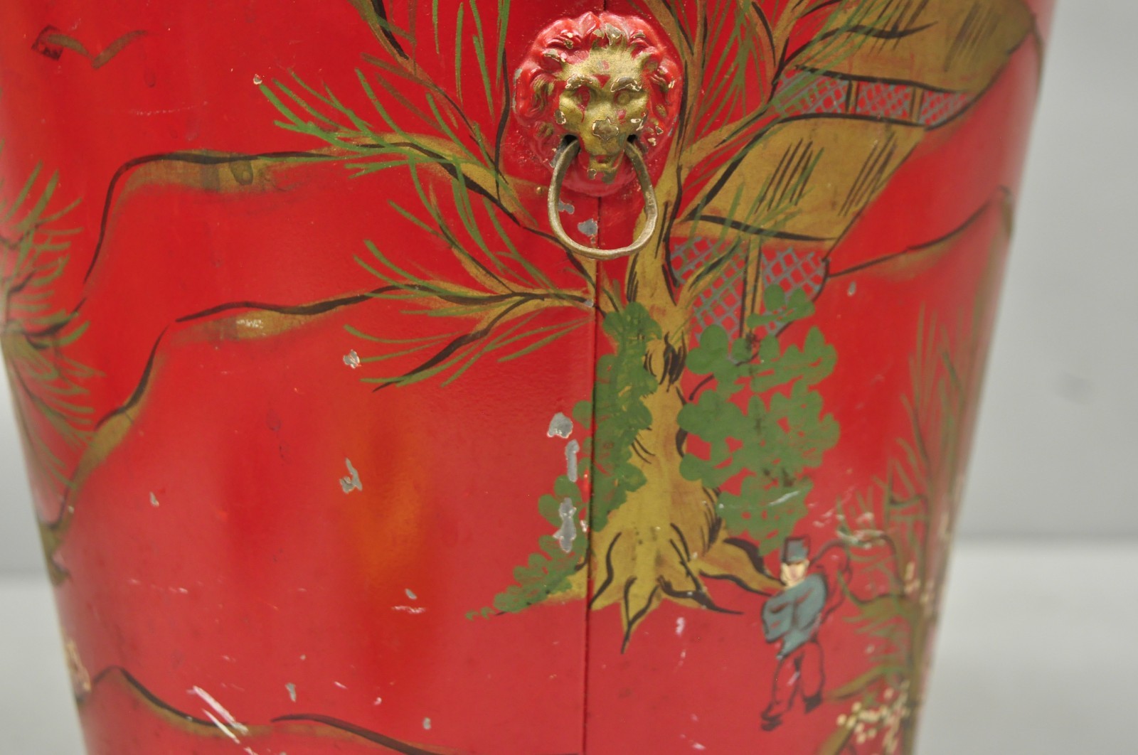 Italian Chinoiserie Hand Painted Oriental Red Tole Metal Wastebasket Trashcan