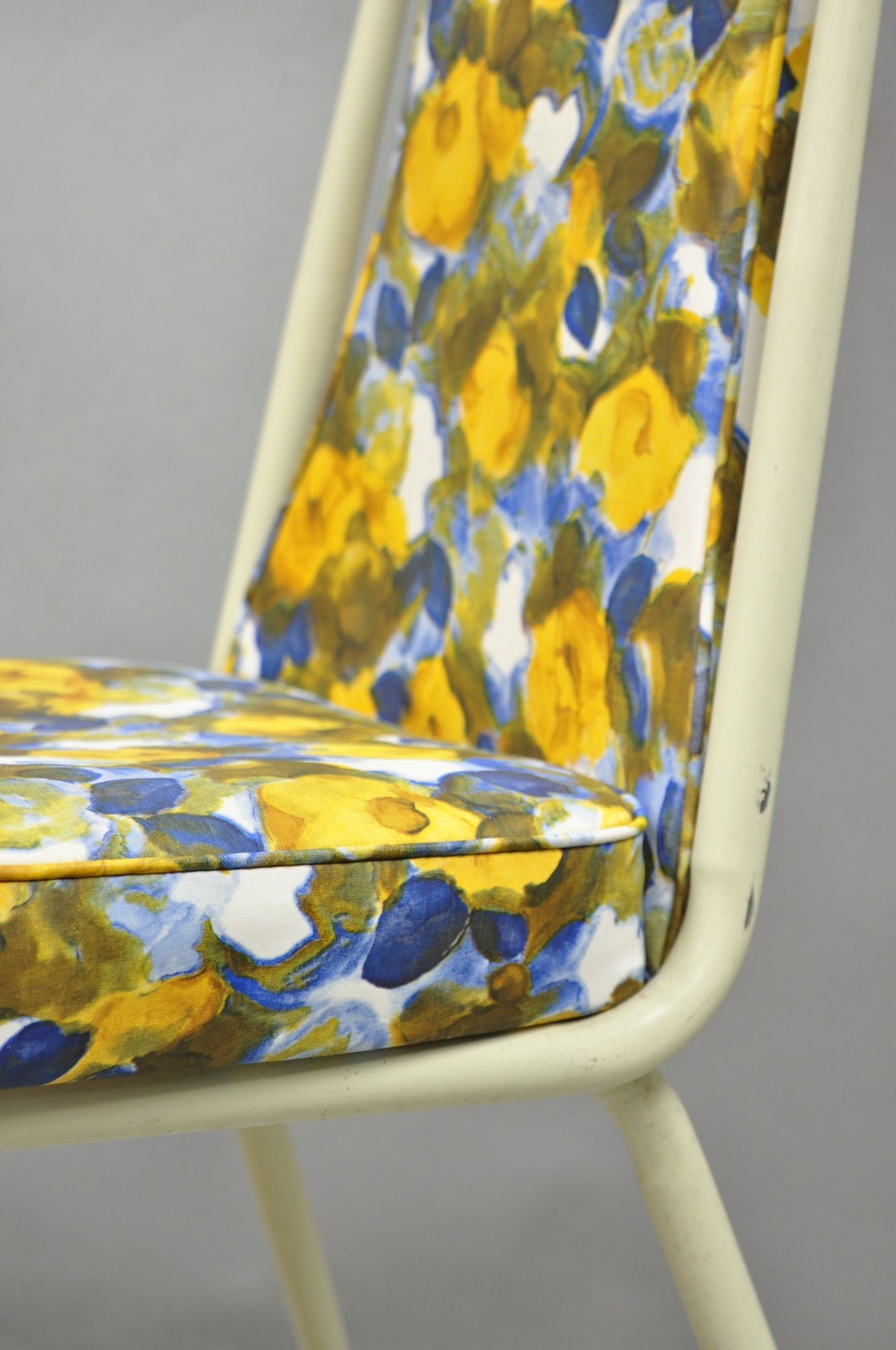 Vintage Retro Atomic Era Metal Kitchen Dining Chairs w/ Blue Yellow Flowers Pair