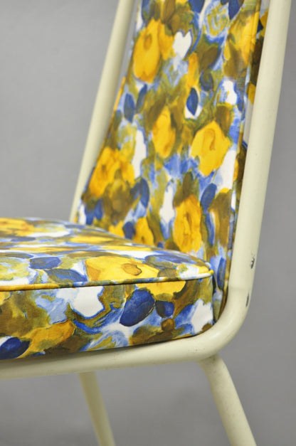 Vintage Retro Atomic Era Metal Kitchen Dining Chairs w/ Blue Yellow Flowers Pair