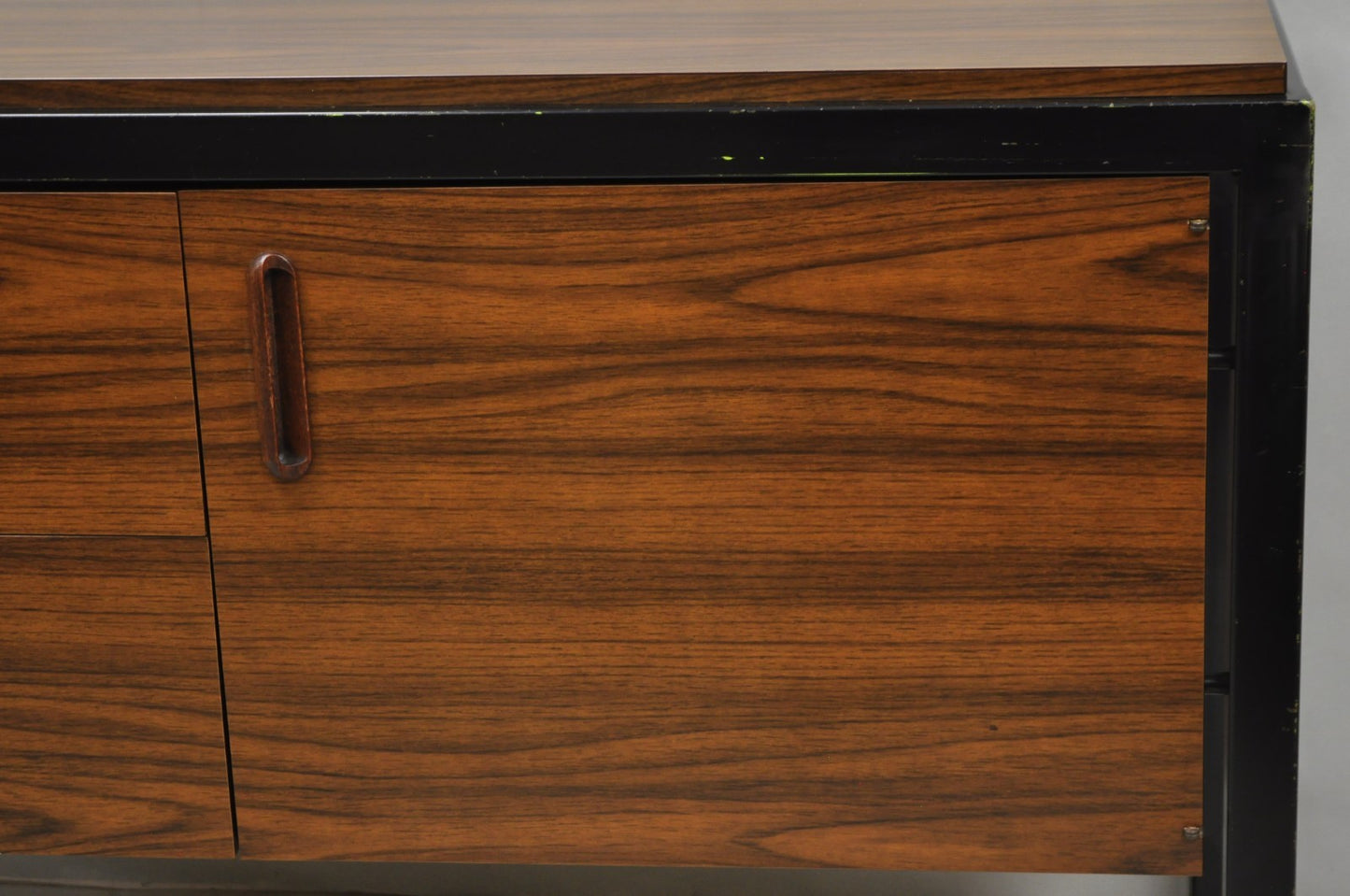 Vintage Mid Century Modern Faux Rosewood Laminate Steel Metal Credenza Cabinet