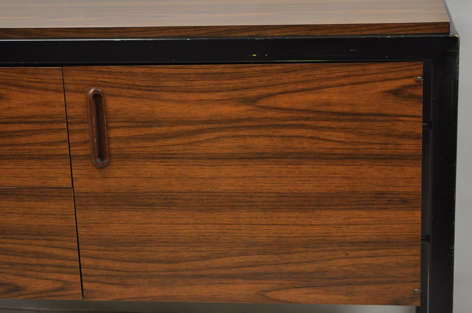 Vintage Mid Century Modern Faux Rosewood Laminate Steel Metal Credenza Cabinet