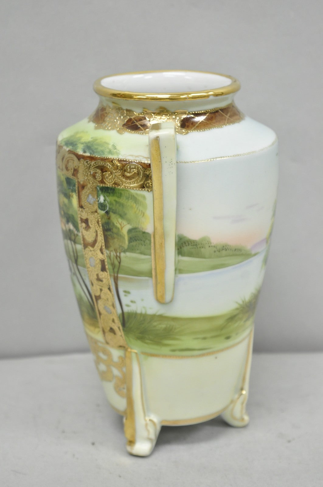 Antique Nippon Hand Painted Porcelain Twin Handled Vase w/ Swan & Lake Scene