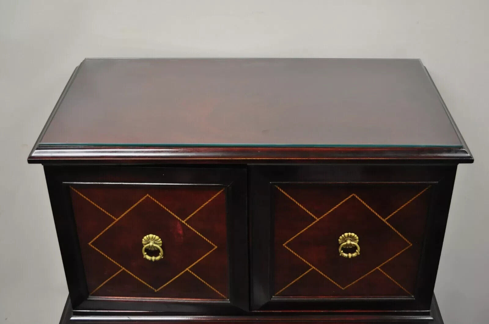 Vintage Hollywood Regency Mahogany Leather Door Tall Chest on Chest Dresser