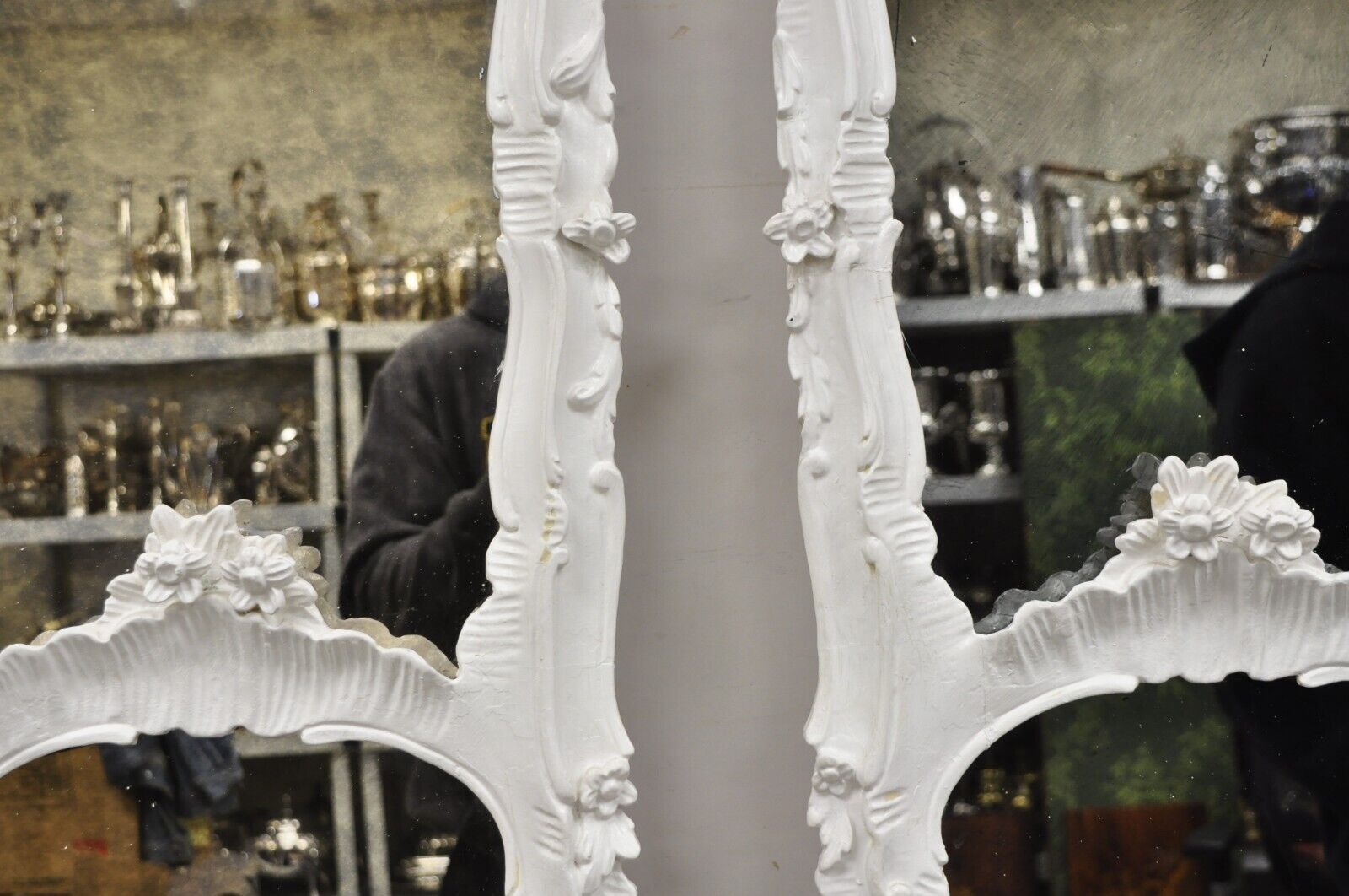 Antique French Rococo Louis XV White Carved Wood Tall Narrow Mirrors - 3 Pcs