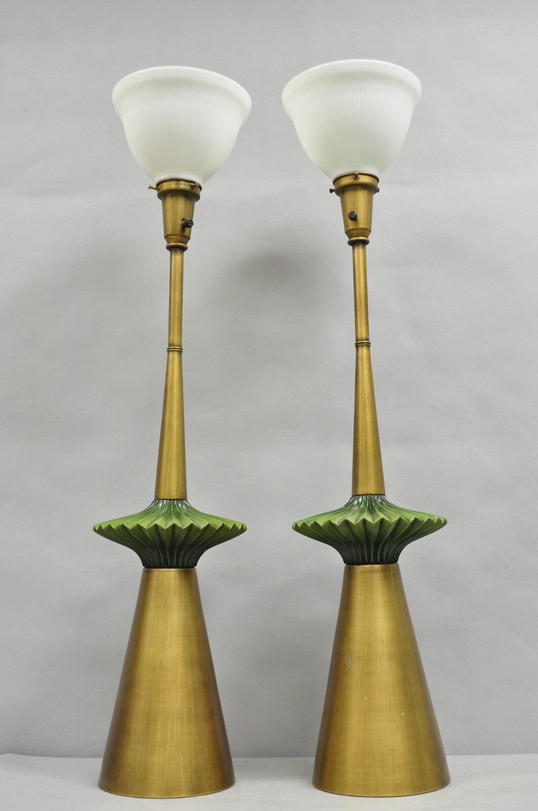 Vintage Mid Century Modern Atomic Era Green Flying Saucer Gold Table Lamp - Pair