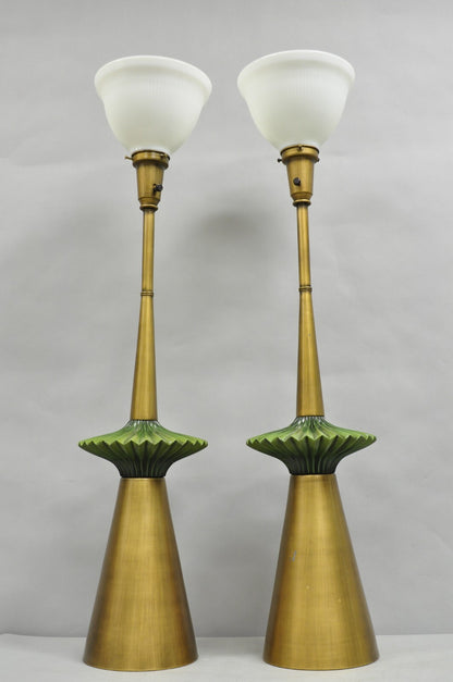Vintage Mid Century Modern Atomic Era Green Flying Saucer Gold Table Lamp - Pair