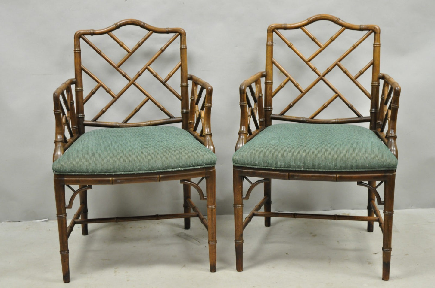 Vintage Chinese Chippendale Faux Bamboo Wood Fretwork Dining Arm Chairs - a Pair
