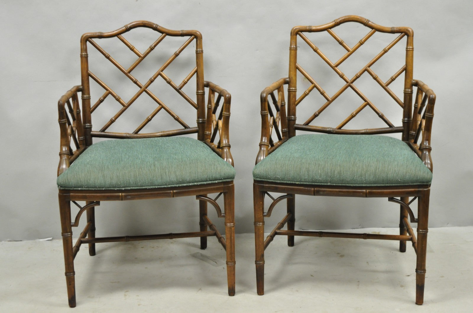 Vintage Chinese Chippendale Faux Bamboo Wood Fretwork Dining Arm Chairs - a Pair