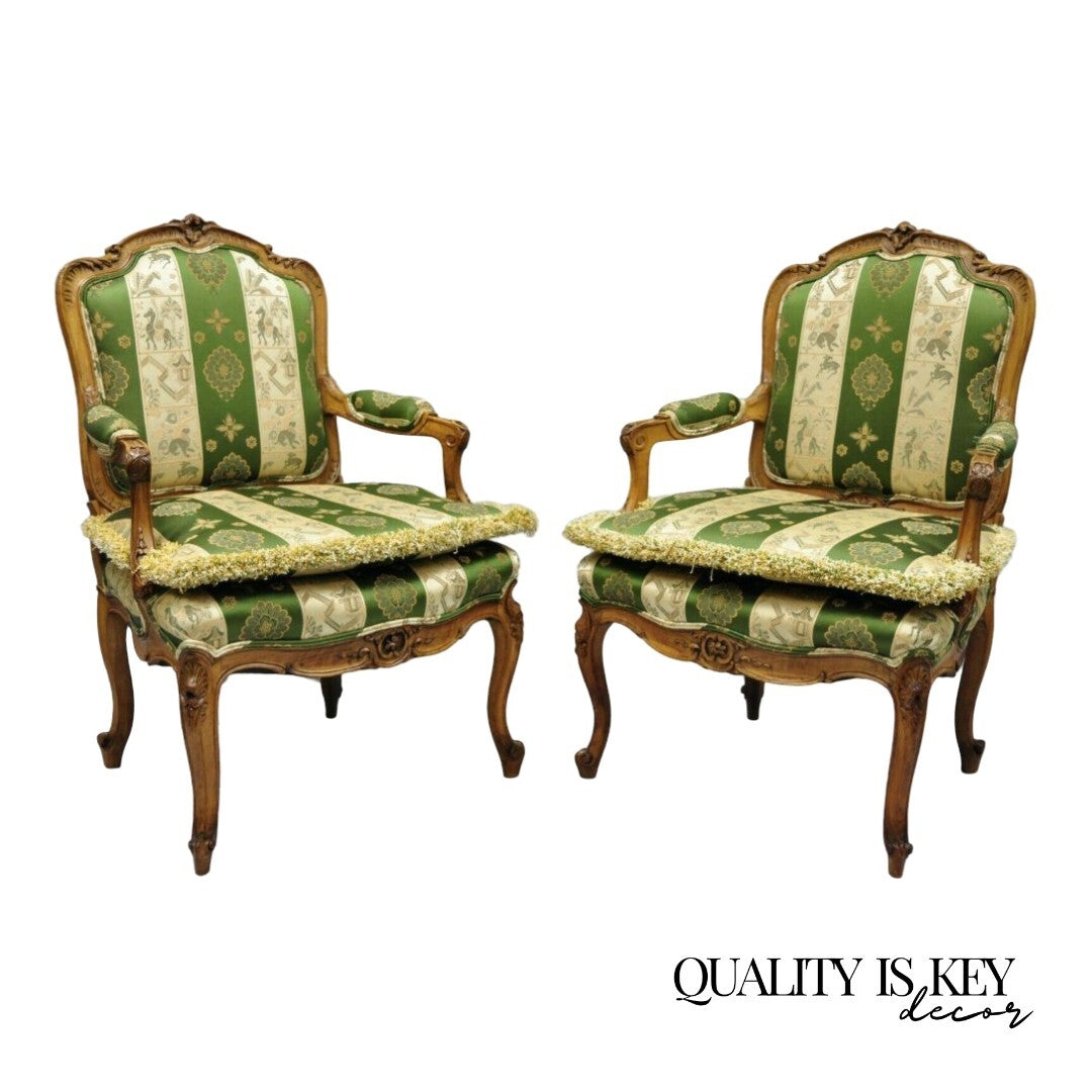 Antique French Louis XV Style Green & Gold Walnut Fauteuil Arm Chairs - a Pair