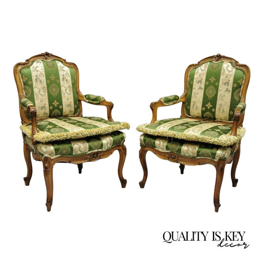 Antique French Louis XV Style Green & Gold Walnut Fauteuil Arm Chairs - a Pair