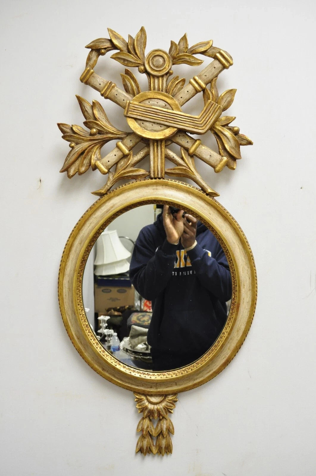 Antique Italian Regency Carved Wood Round Cream & Gold Wall Mirror by M Grieve