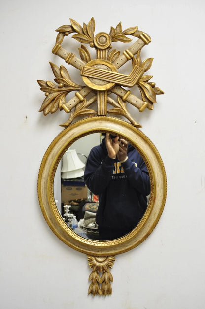 Antique Italian Regency Carved Wood Round Cream & Gold Wall Mirror by M Grieve