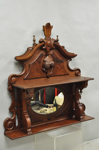 Antique Eastlake Victorian Carved Walnut Oval Mirror Sideboard Backsplash Shelf