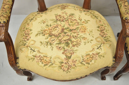 Antique French Country Louis XV Victorian Floral Tapestry Arm Chairs - a Pair