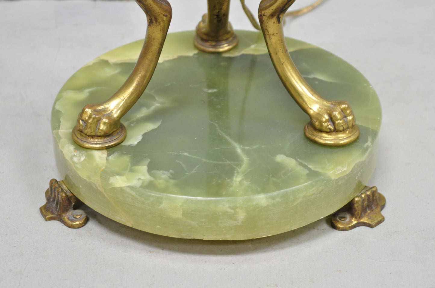 Antique Art Deco Brass & Green Onyx Paw Foot Victorian Pole Floor Lamp